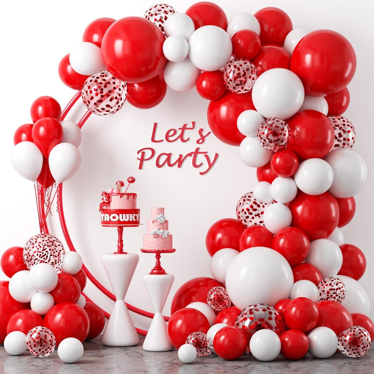 Red and White Balloon Garland Arch kit,124PCS 18 12 10 5 Inch Matte Red Matte White Latex Balloons and Red Confetti Balloons